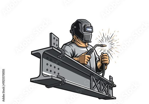 Man Welding Metal Structure with Helmet.