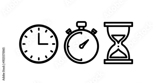 Time icons including a clock, stopwatch, and hourglass, representing schedules, deadlines, and the passage of time.