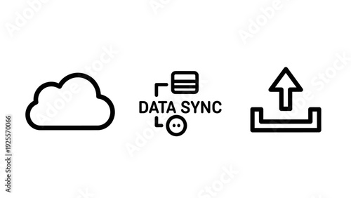 Icons for cloud computing, data synchronization, and uploading files, representing digital information transfer and storage.
