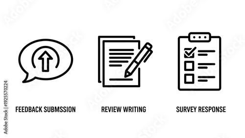 Feedback Submission, Review Writing, Survey Response Icons - Vector Graphic