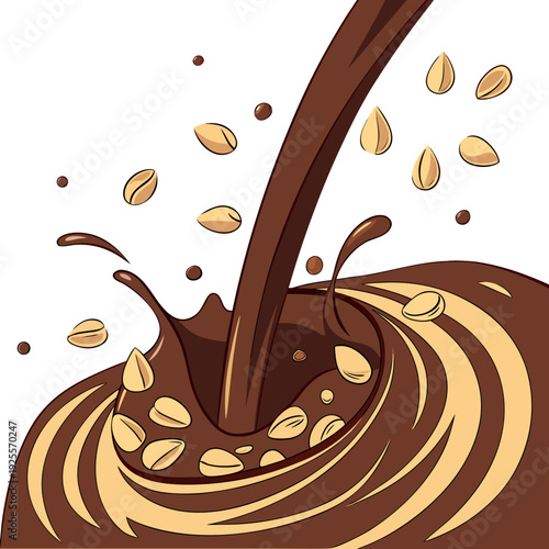 Chocolate sauce and nuts are swirling together Vector