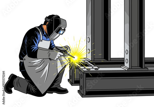 Welder working on metal frame with sparks.