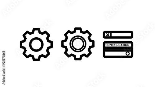Gears and configuration icon set representing settings, mechanics, and system setup for technology or engineering