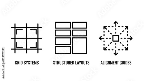 Design layout icons: grid systems, structured layouts, and alignment guides for graphic design, web development, and composition