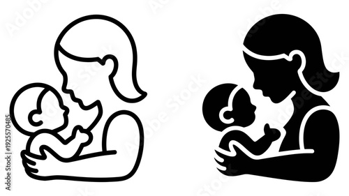 A loving mother gently cradling her newborn baby in two distinct icon styles.