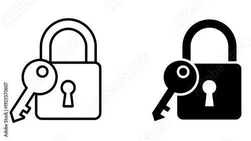 A simple outline and solid icon showing an unlocked padlock with a separate key next to it.