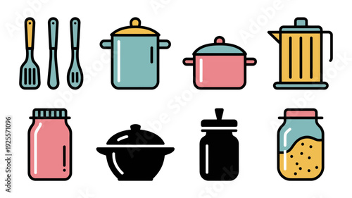 A delightful assortment of colorful kitchen utensils and pots in a playful flat design style.