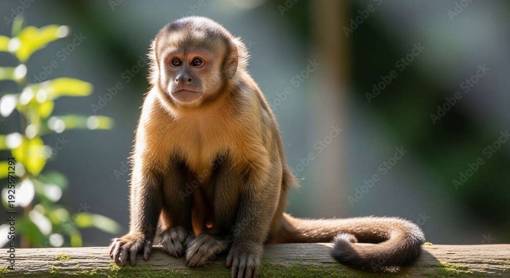 Fototapeta premium A Capuchin Monkey Sits on a Wooden Beam in Natural Sunlight.