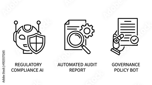 AI Governance and Compliance Icons: Regulatory Bot, Automated Audit Report, and Policy Management Tools