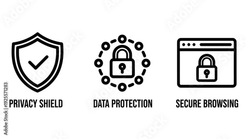 Cybersecurity Icons: Privacy Shield, Data Protection Padlock, and Secure Browsing Window for Digital Safety