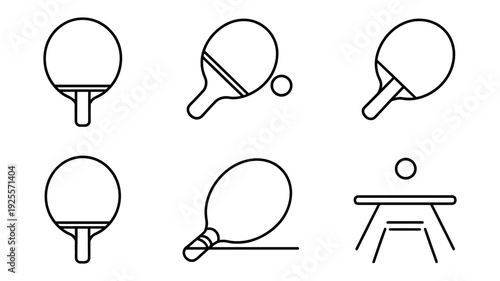 A collection of simple line icons depicting table tennis paddles and a ping-pong ball with a table.