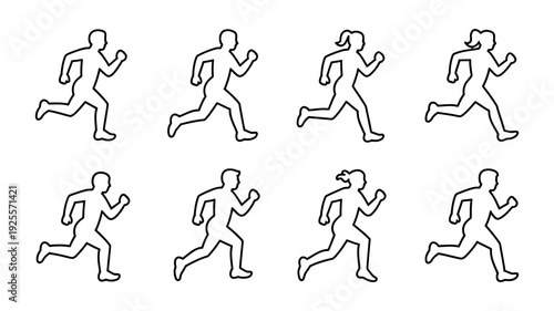 A set of dynamic outline icons illustrating male and female figures in various running poses.