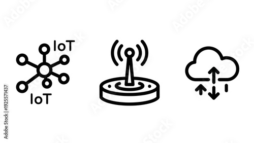 Internet of Things (IoT), Wireless Signal, and Cloud Computing Icons Set: Network Connectivity, Data Transfer, and Modern Technology Concepts.