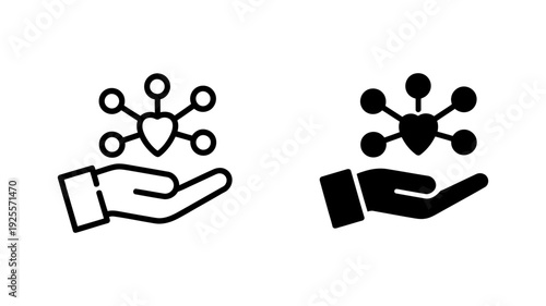 A caring hand holding a network or molecule symbol with a heart at its center, in outline and solid forms.