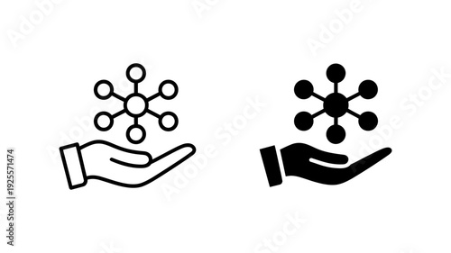 An icon showing a human hand supporting a multi-nodal network or molecular structure, in two styles.