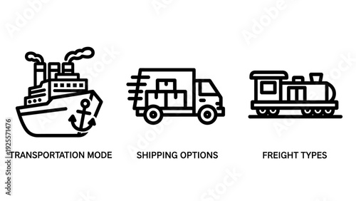 Global Transportation Modes Icons Set: Shipping Options, Freight Types, and Logistics Delivery for Cargo and Commerce.