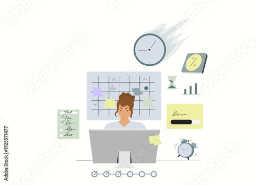 Information Overload and Deadline Pressure Concept, Woman Working Under Digital Stress and Time Management Chaos Vector