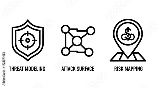 Cybersecurity Threat Modeling, Attack Surface, and Risk Mapping Icons Set: Data Security, Financial Protection, and Business Safety Concepts.