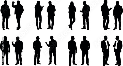 Set of business people silhouette figures talking and communicating in pairs for corporate networking meetings and professional teamwork vector illustration.