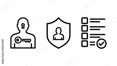User Access, Security, and Authentication Icons: Key Login, Data Protection Shield, and Account Verification Checklist Concepts