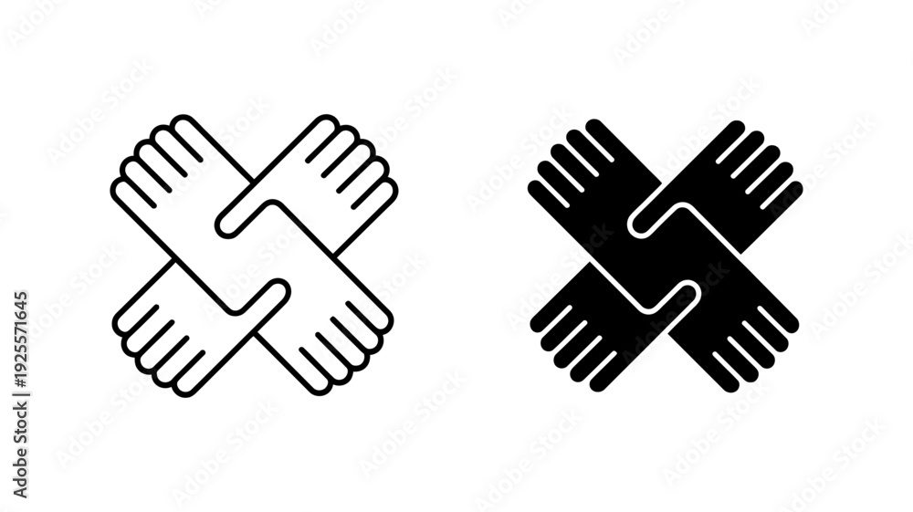 Fototapeta premium Two distinct icons feature four hands clasped together in a cross formation, symbolizing powerful teamwork and unity.