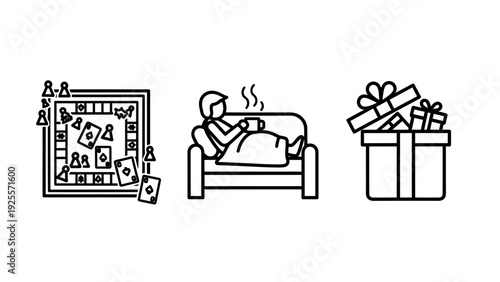 Board games, relaxation at home, and gift box celebration vector icons for hobbies, cozy lifestyle, and special occasions.