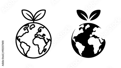 Two appealing icons show a healthy globe with leaves sprouting, representing environmental sustainability and green initiatives.