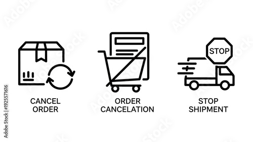 Cancel order, order cancellation, and stop shipment outline icons for e-commerce, logistics, and returns management.