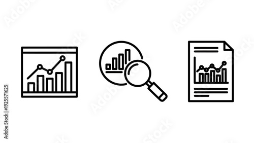 Business data analysis icons featuring bar and line charts, magnifying glass, and financial reports for market research and statistical insights in a clean outline style.