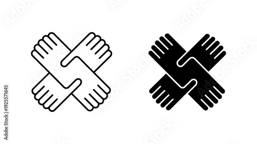 Two distinct icons feature four hands clasped together in a cross formation, symbolizing powerful teamwork and unity.