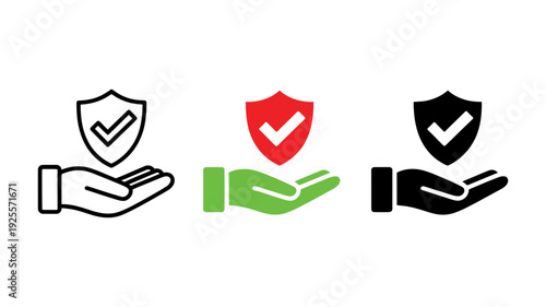 Three compelling icons show a hand presenting a shield with a checkmark, signifying verified security and guaranteed protection with color variations.