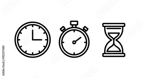 Time management and measurement icons, including a wall clock, stopwatch, and hourglass, symbolizing deadlines, planning, and the passage of time.