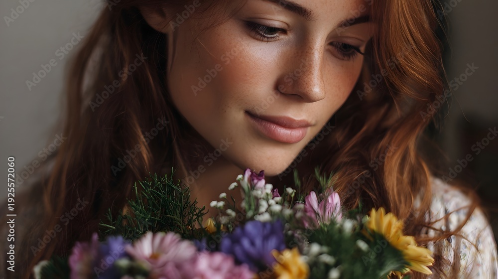 Naklejka premium A young woman with red hair and freckles looks down gently at a vibrant bouquet of mixed flowers