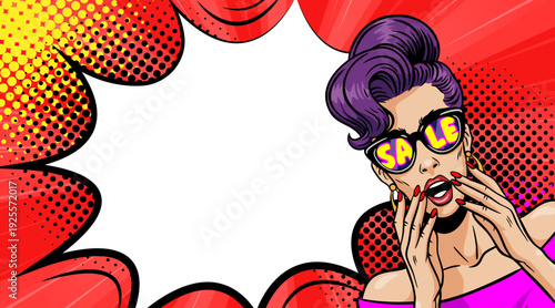 Pop Art Sale Banner - Surprised Woman with Sunglasses and Halftone Background
