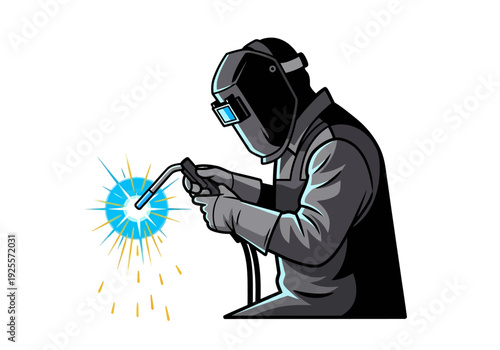 Welding Worker in Protective Gear Working.