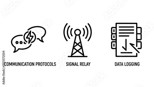 Digital Communication Protocols, Signal Relay, and Data Logging Outline Icons for Technology Solutions