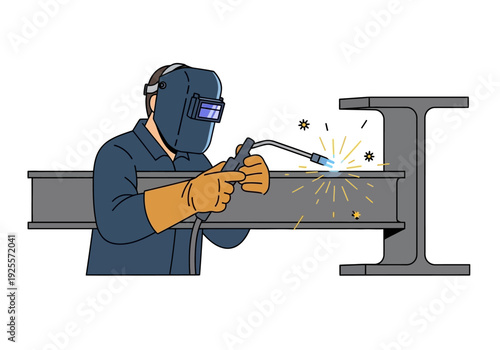 Welder in protective gear welding metal beam.