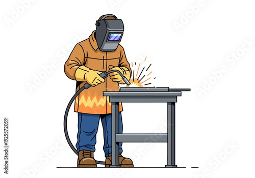 Welder working with welding equipment safely.