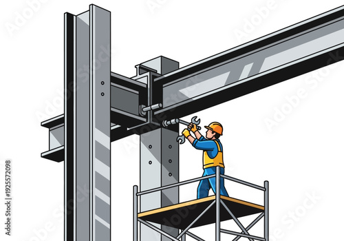 Construction Worker Assembling Steel Structure.