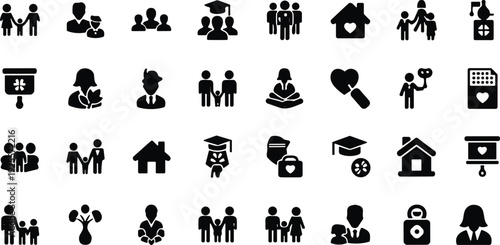 Family and social icon set, parenting relationship education home care black solid vector symbols isolated
