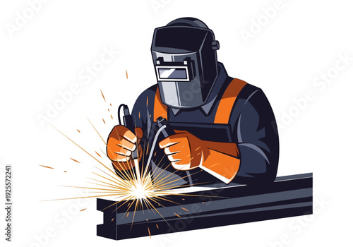 Welder Working with Metal Sparks Flying.