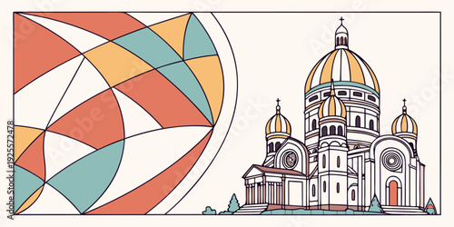 Geometric patterns intersecting with a historic architectural structure illustration