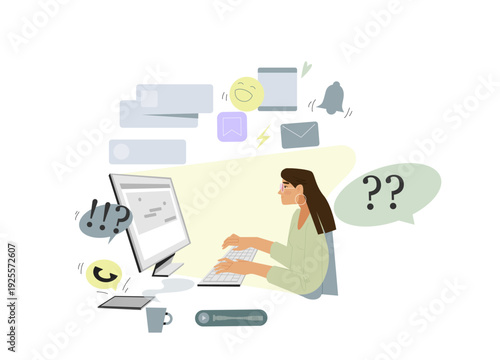 Information overload and deadline pressure concept, woman concentrating on working under stress constraints and time management chaos (vector graphic).