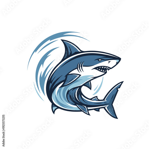 A powerful blue shark mascot illustration with dynamic waves