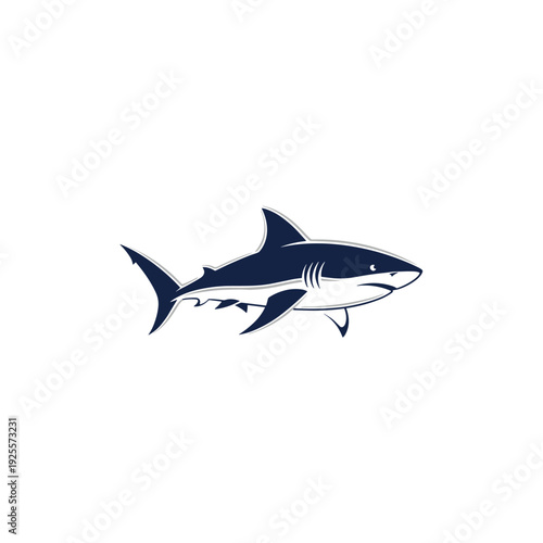 A powerful stylized shark illustration in dark blue and gray tones