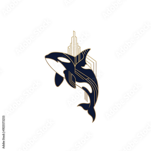 Art Deco stylized killer whale with geometric golden city background