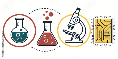 Illustration of science, research, and industrial production icons