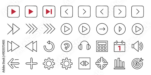 Collection of various media player and system control icons in monochrome design