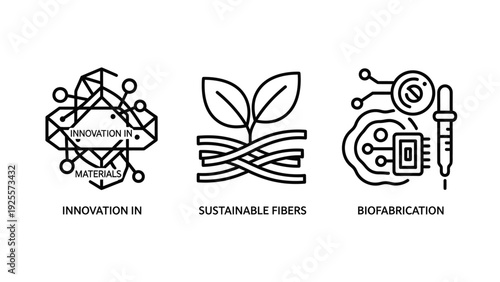 Set of Black Outline Icons Representing Innovation in Materials, Sustainable Fibers, and Biofabrication for Scientific and Technological Advancement.