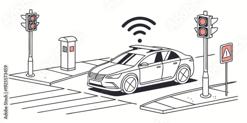 Smart car navigating through a connected urban intersection with traffic signals and sensors